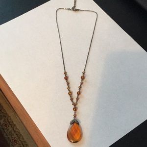 Antiqued Gold Necklace with Amber Stone & Beads.